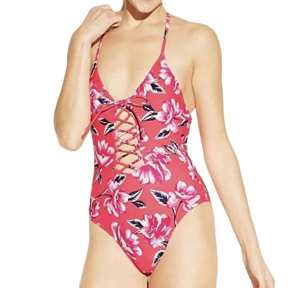 Xhilaration Women's Lace-Up Front Scoop Back One Piece Swimsuit Floral in M
